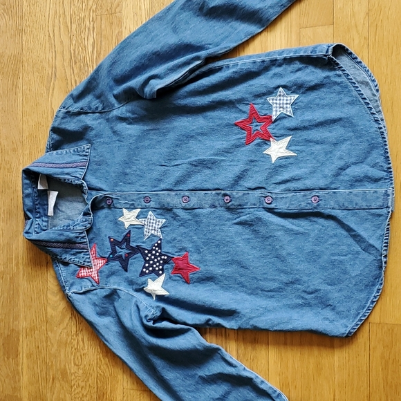 Patriotic chambray shirt with embroidered stars, flag S - Picture 1 of 8
